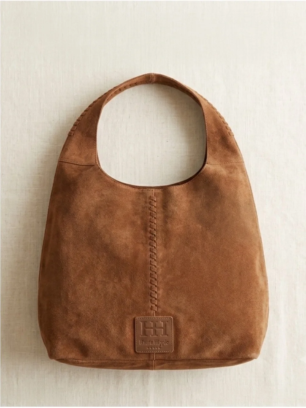 Haute Hippie Brown Suede Messenger Tote with Stitched Detail